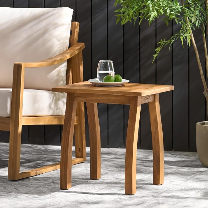 End Table Selma Teak Acacia Wood Outdoor Accent Table, Slatted Patio Side Table for Pool Decks and Conversation Sets, 19.25" H x 15" W x 19" D