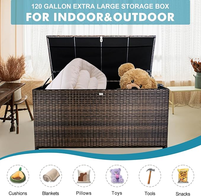 Outdoor Storage Box, 120 Gallon Waterproof Resin Wicker Deck Box for Patio Garden Furniture, Outdoor Cushion Storage, Padlock Included