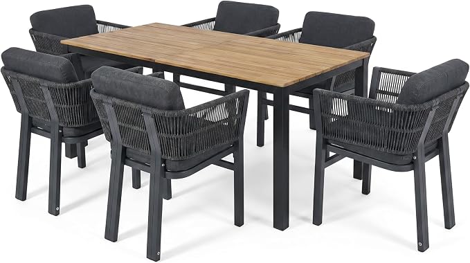 Christopher Knight Home Tamken Acacia Wood Outdoor Dining Set for 6, 7 Piece Patio Dining Table and Chair Set, Metal Outdoor Dining Armchair and Table Set with Removable Cushion, Black+Grey+Teak