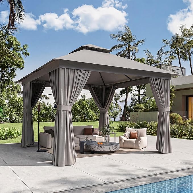 10'x10' Gazebo, Outdoor Gazebo Metal Frame Canopy with Double Roofs, Heavy Duty Patio Tent Shelter with Mosquito Netting and Privacy Screen for Backyard, Grey