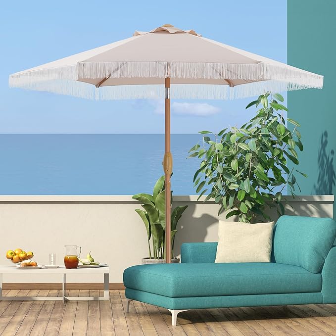 GDY 7.5FT Tassel Patio Umbrella Outdoor Table Umbrella,Market Umbrella with 6 Sturdy Ribs, with Push Button Tilt and Crank for Garden, Lawn, Deck, Backyard & Pool (Camel)