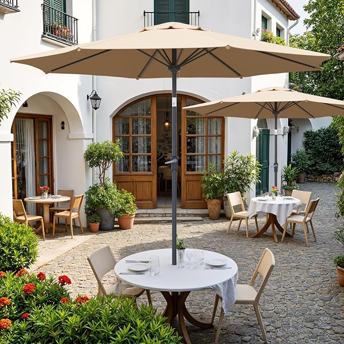 Outdoor Patio Umbrella, Table Umbrella with Push Button Tilt and Crank, 8 Ribs Market Umbrella
