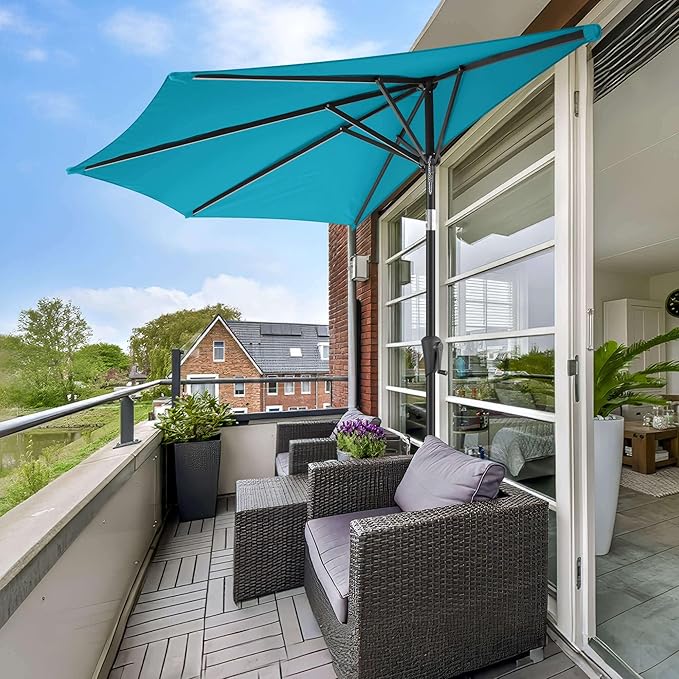 9ft Half Umbrellas Outdoor - Half Patio Umbrella with Tilt, UV Protection Waterproof, Half Round Umbrella for Wall Balcony, Pool, Porch, Garden, Deck, Backyard (Aqua Blue)