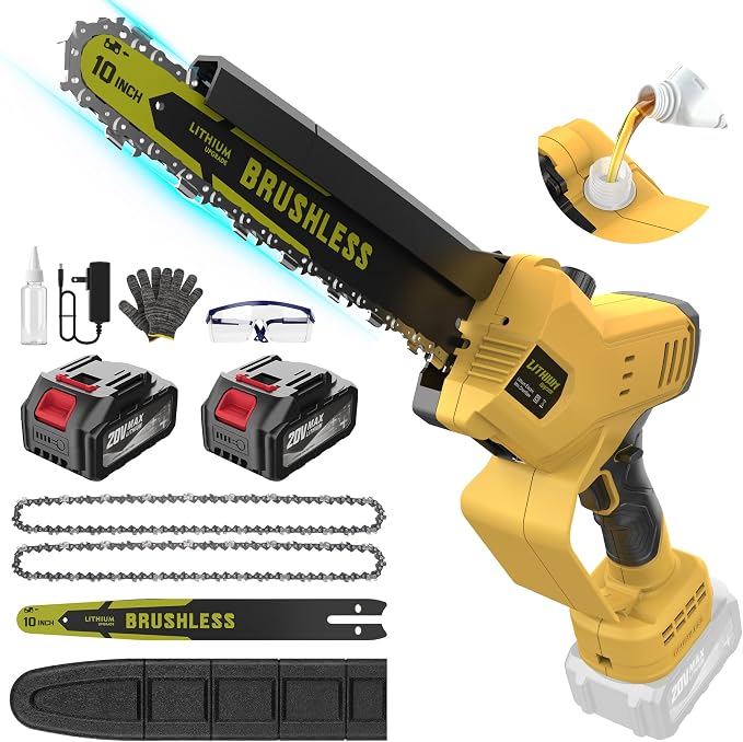 MGYM Electric Chainsaw, 10 Inch Handheld Cordless Chainsaw with 2x4.0A Batteries 2 Chains and Charger, Tool Free Auto-Oiling Battery Powered Chainsaw for Tree Trimming Wood Cutting Yard Work (Yellow)