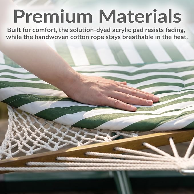 Sunnydaze Rope Double Hammock with Stand for Outside - Heavy Duty Freestanding Portable Outdoor Hammock Set with Quilted Pad, Pillow, and 12-Foot Steel Frame - 450 lb Capacity - Green & White Stripe