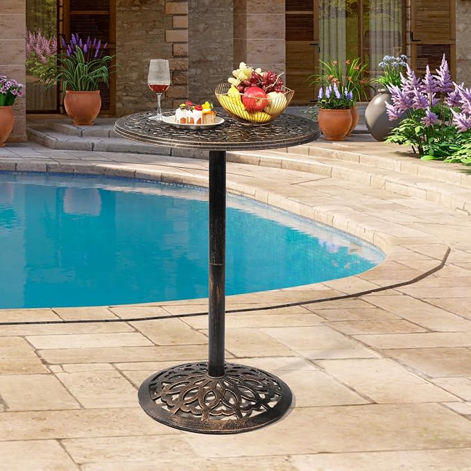 27.5" Cast Aluminum Outdoor Dining Side Table,Round Patio Dining Table,All-Weather Outdoor Dining Table,with Umbrella Hole,for Garden Pool Deck Lawn Backyard (Bronze)