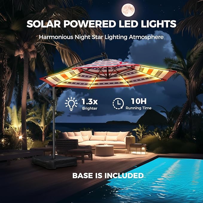 HOMSHADE 10 ft Offset Patio Umbrella with Solar Lights, LED Lighted Umbrella Outdoor Patio with Base Included, American Flag Umbrellas for Patriotic Decorations, Stars and Stripes Style
