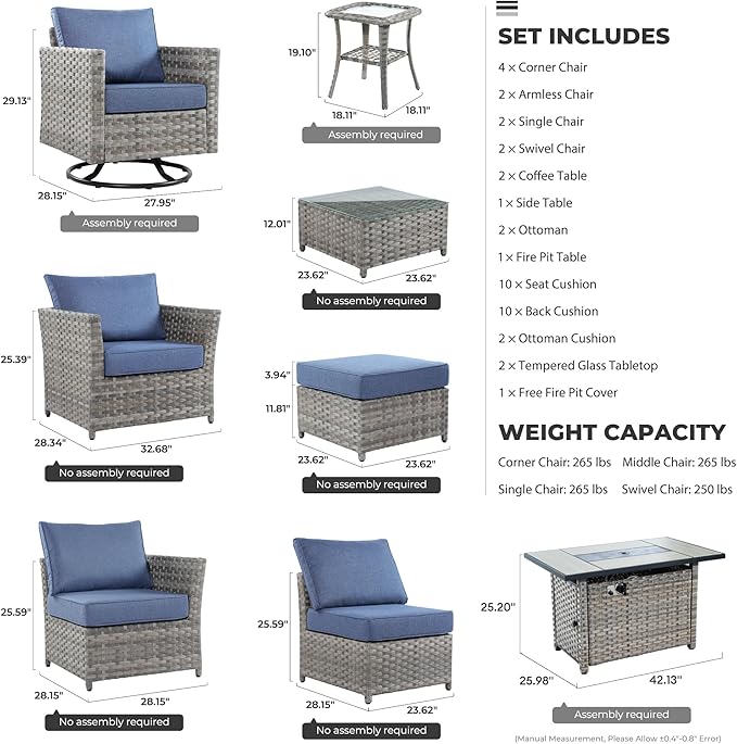 16 Pieces Patio Furniture Conversation Set with 42" Fire Pit Table Rocking Chair Outdoor Sectional Gray Wicker Sofa Set