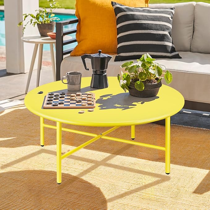 Patio Round Steel Patio Coffee Table, Weather Resistant Anti-Rust and Waterproof Indoor and Outdoor Large Side Table, for Garden Living Room Bedroom Balcony（Yellow）