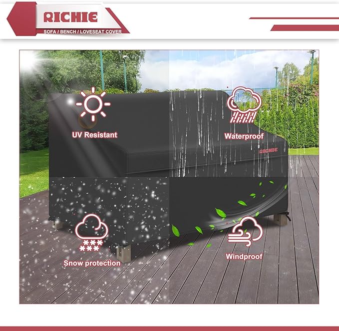 RICHIE Waterproof Patio Sofa Cover 3-Seater - Outdoor Furniture Covers for Loveseat/Couch with Air Vents & Handles, 90"W*42"D*31"H, Black