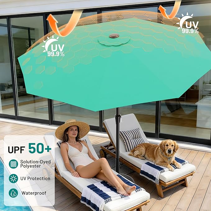 AreShark 10 FT Outdoor Patio Umbrella, Patio Table Umbrella with Push Button Tilt and Crank, Outdoor Patio Umbrellas with 8 Fiberglass Ribs, Patio Umbrellas for Market, Garden, Pool (Aqua Sky)
