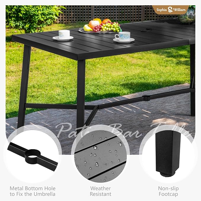 Sophia & William Outdoor Patio Bar Table Metal Bar Height Table Rectangular Dining Table with Umbrella Hole for Garden, Backyard, Lawn and Poolside, 66.9''W x 35.4''D x 39.8''H