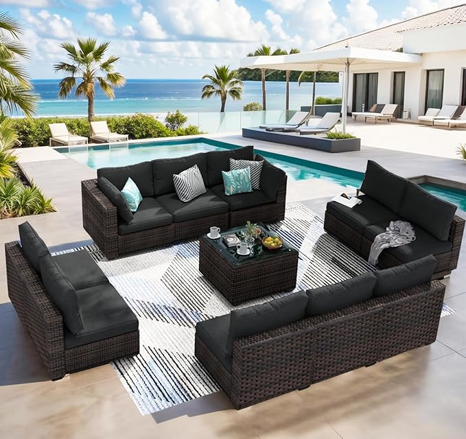 11 Piece Patio Furniture Set All Weather PE Rattan Outdoor Sectional Sofa Couch with No-Slip Cushions and Glass Top Table for Garden, Poolside, Backyard (Black)