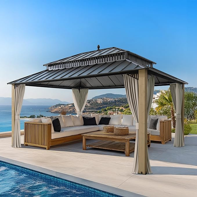 SUNJOY Kingston 16' x 12' Hardtop Wood Gazebo with Galvanized Steel Double Roof, Curtain and Netting, Cedar Posts Permanent Pavilion Gazebo for Garden, Patio, Deck, Lawn