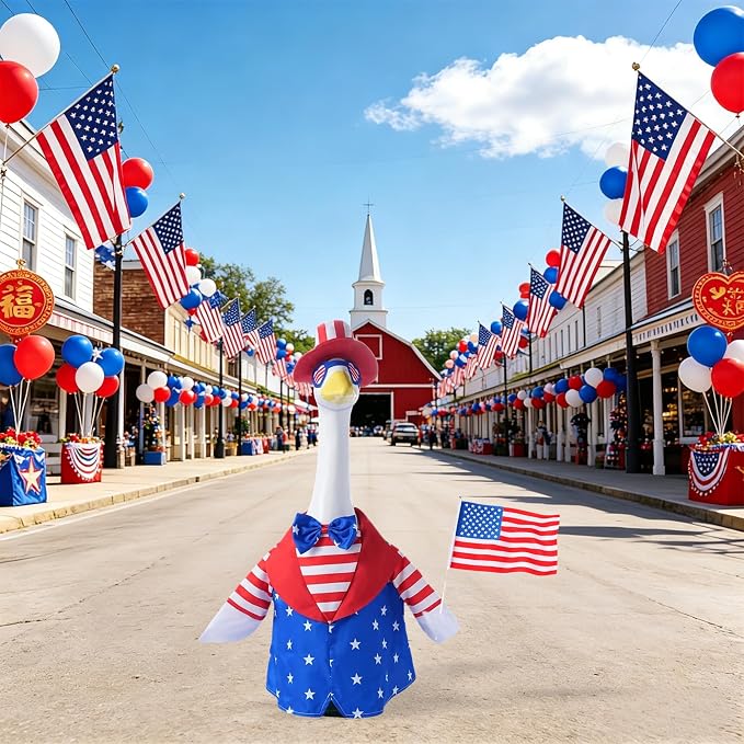 Uncle Sam Porch Goose Outfit for 23" Cement Goose, 4 Pcs 4th of July Patriotic Goose Clothes with Tall Hat, Eye mask,Flag, Patriotic Lawn Yard Decor for Independence Day