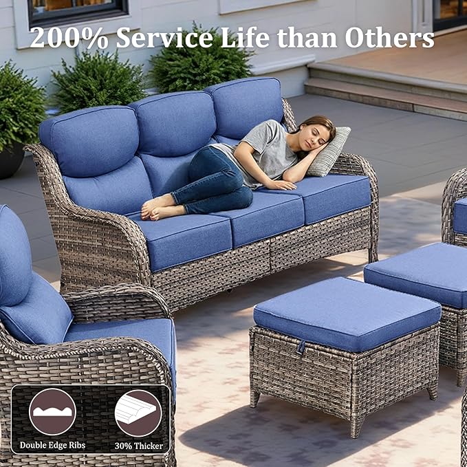 3 Pieces Patio Furniture Sofa Set with 6" Thick Cushions, High Back Wicker Sectional Outdoor Sofa with Ottomans, Outdoor Furniture High Back Conversation Set for Balcony Deck Porch Backyard, Grey/Blue