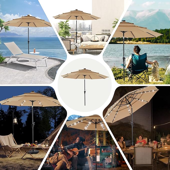 DUMOS LED Outdoor Patio Umbrella 10 FT UV-Resistant Market Umbrella with Tilt Adjustment & Crank Lift, All-Weather Shade for Backyard, Deck, Garden, Beach