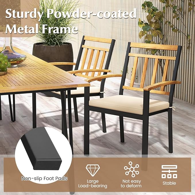 Tangkula 5 Piece Patio Wood Dining Set, Outdoor Square Acacia Table with Umbrella Hole and Metal Chairs Set w/Soft Seat Cushions, for Front Porch, Yard, Balcony and Poolside