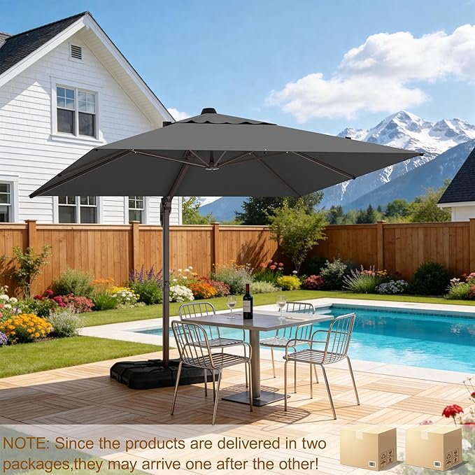 10' X 10' Patio Umbrella Cantilever Outdoor Rectangle Umbrella with Base Included, Heavy Duty 360°Rotation Offset Umbrella for Garden Deck Pool Patio, Grey