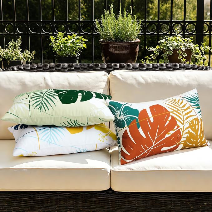 OTOSTAR Outdoor Waterproof Throw Pillow Covers 16x24 Inch Set of 2 Double-Sided Orange Yellow Tropical Leaf and Flower Spring Summer Decorative Pillow Cases for Patio Funiture Garden Balcony Couch