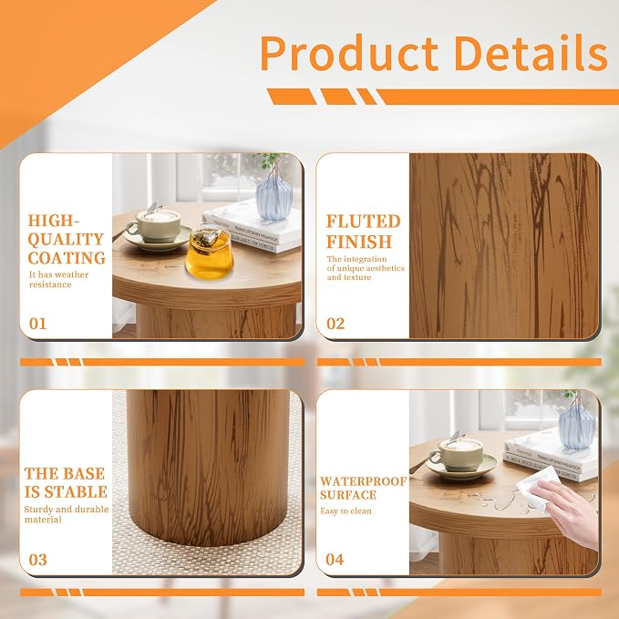 Metal Small Patio Table, Round Outdoor Side Table, Wood Color Outdoor Accent End Table, Patio Furniture, for Garden, Pool, Yard, Balcony, Living Room, Deck, Weather Resistant, No Assembly