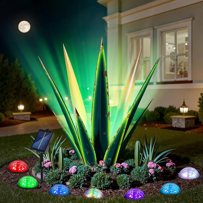 KODIBO Large Metal Agave Plant Outdoor Decor with Solar Light, Vintage Green