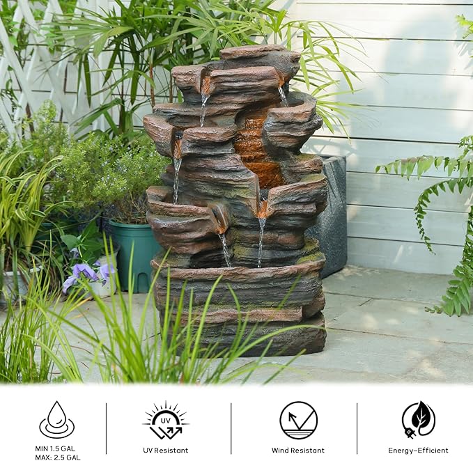 Bumilgar 24.2" H 6-Tier Outdoor Water Fountain, Features Rock Garden Waterfall Fountains with Warm Lights, Floor-Standing for Patio, Backyard, Deck, Porch, Home Décor, Brown