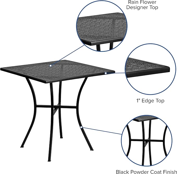 Flash Furniture Oia 28" Commercial Grade Steel Patio Table, Modern Square Rain Flower Design Outdoor Dining Table, Black