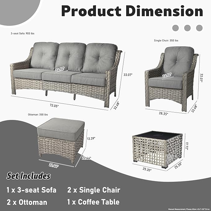 ovios 6 Piece Outdoor Patio Furniture with 3 Seat Sofa,Rattan Wicker Coversation Set with High Back,Sectional Single Sofa with Ottoman for Outside Porch Balcony Backyard Pool, Dark Grey
