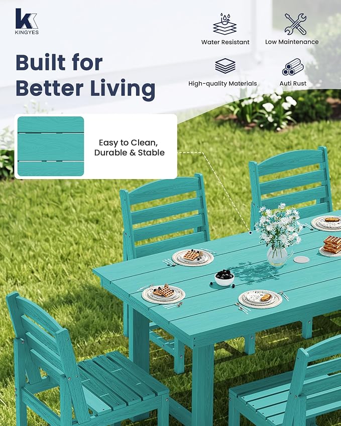 KINGYES 6-Piece Patio Dining Set, HDPE Table, Bench and Armless Chairs Outdoor Furniture Set with Umbrella Hole, Aruba