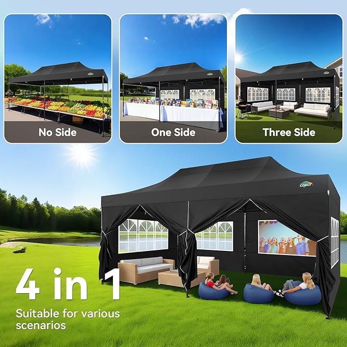COBIZI 10x20 Pop up Canopy Tent Heavy Duty with 6 Sidewalls, Easy Set-up Commercial Outdoor Party Tents, 100% Waterproof Wedding Gazebo, 3 Height Adjustable with Wheeled Bag, Jet Black