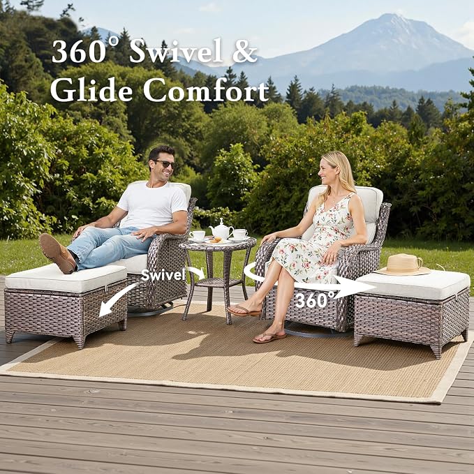 Belord Luxury 6" Thick Cushioned 11 Pieces Patio Furniture Set with Outdoor Couch, Wicker Outdoor Conversation Set with High Back Swivel Rocker Chairs for Deck Porch Yard and Poolside - Brown+Beige