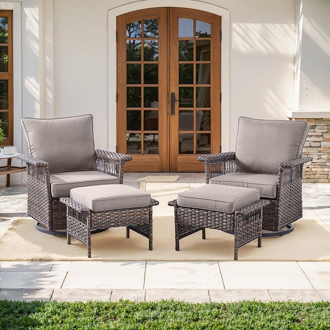 Patio Furniture Set 2 Wicker Swivel Glider Chairs with 2 PE Rattan Ottomans Brown Wicker Grey Cushions Patio Conversation Set 4pcs for Garden Balcony Sunroom Backyard