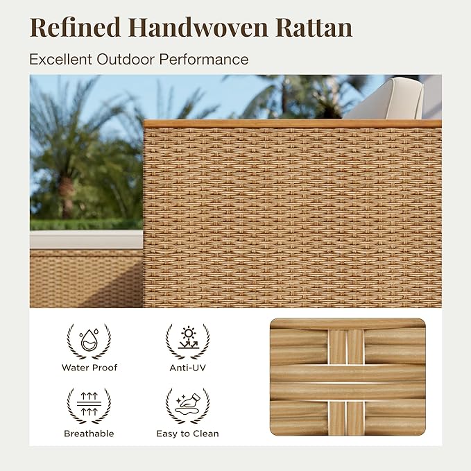 Wicker Outdoor Patio Furniture Set 3 Pieces Patio Chaise Longue Conversation Set, Rattan L-Shaped Sofa Couch with Acacia Wood Coffee Table for Deck Porch and Garden