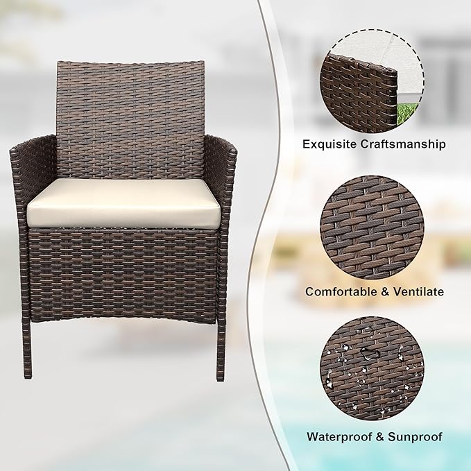 GAOMON 3-Piece Patio Furniture Set, All-Weather Patio Set - PE Wicker Sectional with Tempered Glass Table, Modular Outdoor Furniture for Pool Decks, Brown & Beige