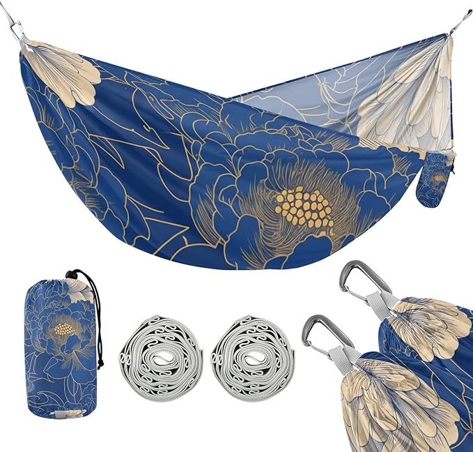Navy Blue Gold Peony Floral 330lb Capacity Camping Hammock Cloth Hammock for Indoor Outdoor Patio hamacas para adultos