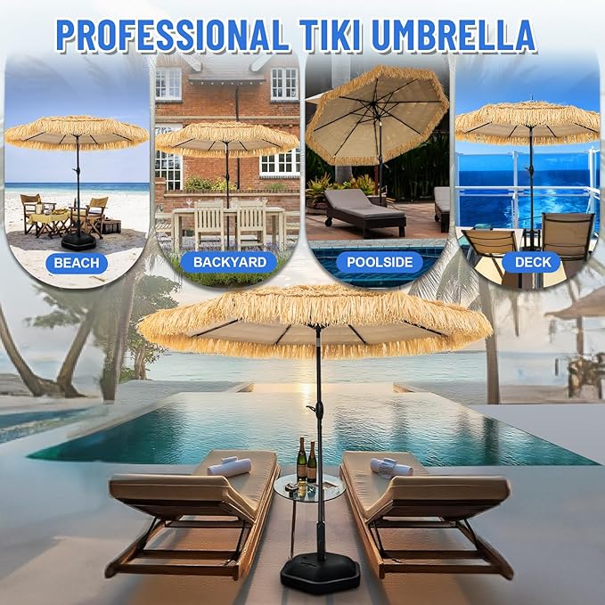 8FT Tiki Umbrella, Umbrella Outdoor Patio UV-Stability, Hawaiian Style Outdoor Umbrellas for Patio 8 large Ribs, Thatched umbrellas with Push Button Tilt and Crank Lift for Tiki Bar, Pool, Beach, Natural