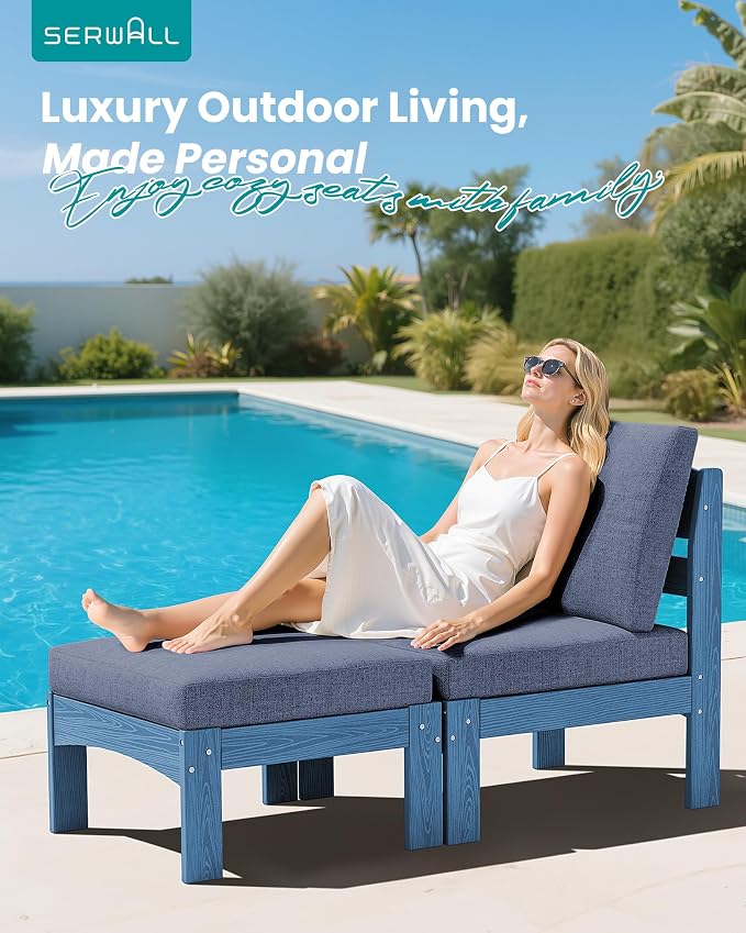SERWALL 2 Pieces Patio Sofa Set, Durable HDPE Outdoor Lounge Sofa with Removable Cushions and Ottoman, Modern Modular Conversation Set for Porch or Balcony, Blue Frame with Khaki Cushion