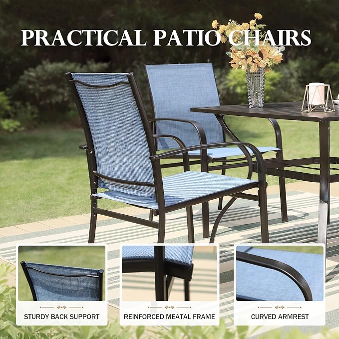 HERA'S HOUSE 7pc Patio Dining Set, 60" Metal Table, Textilene Chairs | Rectangular table with umbrella hole+ 6 blue chairs. Waterproof, rust-resistant, all-weather for backyard, porch