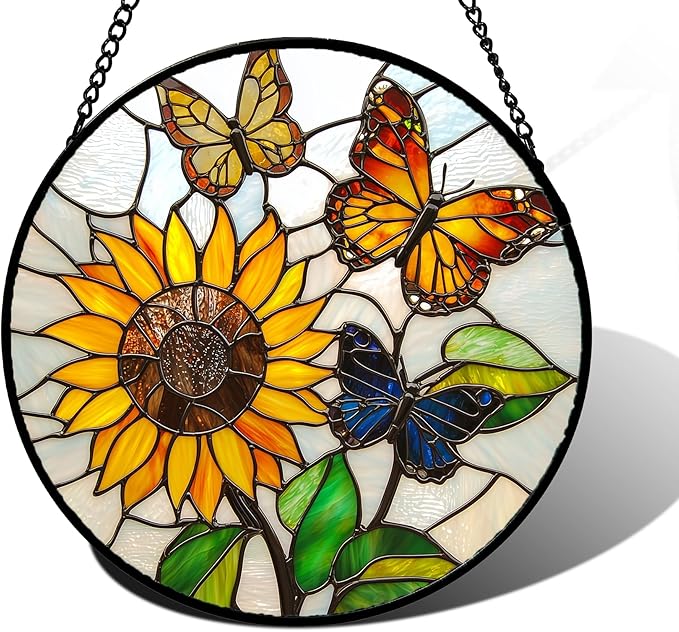 DASTOLL Stained Glass Window Hanging, Butterfly and Sunflowers Sun Catchers Glass Panel Plant Insects Suncatcher Decor for Birthday for Women, Men, Wife, Aunt, and Mom 7.8 in