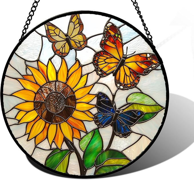 DASTOLL Stained Glass Window Hanging, Butterfly and Sunflowers Sun Catchers Glass Panel Plant Insects Suncatcher Decor for Birthday for Women, Men, Wife, Aunt, and Mom 11.8x11.8 in