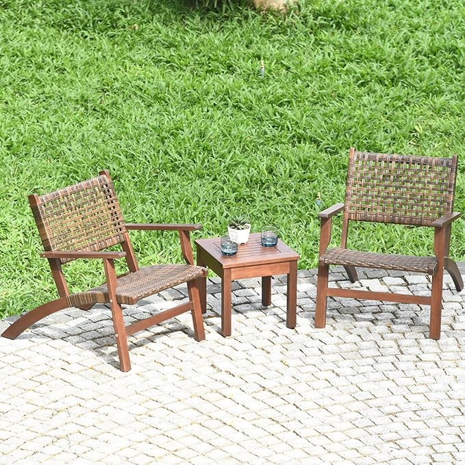 COSTWAY 3 Pieces Patio Rattan Furniture Set, Outdoor Solid Wicker Conversation Set with Wood Frame Chair, Coffee Table for Yard, Garden, Porch, Balcony, Apartment