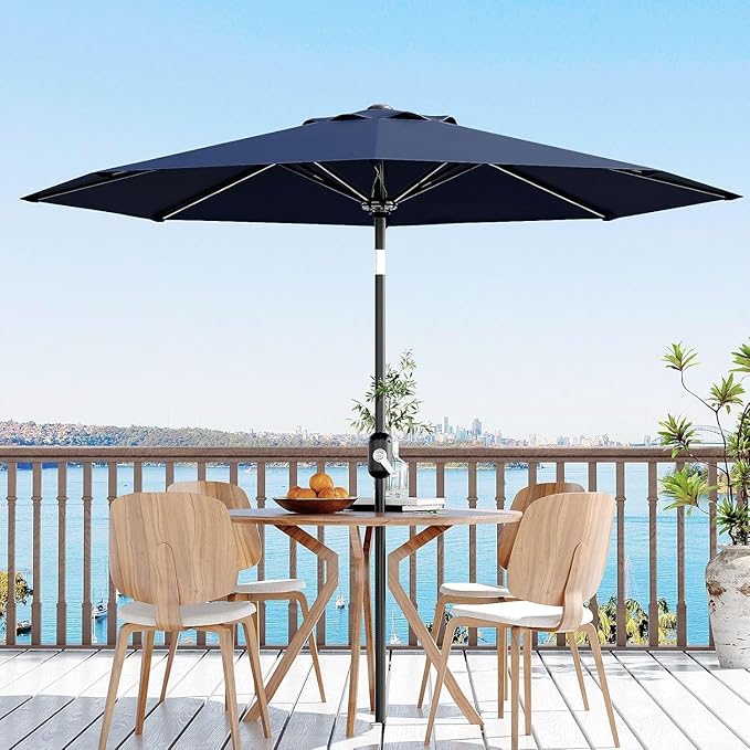 Garvee 10FT Patio Umbrella - Outdoor Table Umbrella with Crank Lift & Push Button Tilt - Market Umbrella 8 Sturdy Ribs UV Protection for Pool, Deck, Yard, Garden - Navy Blue