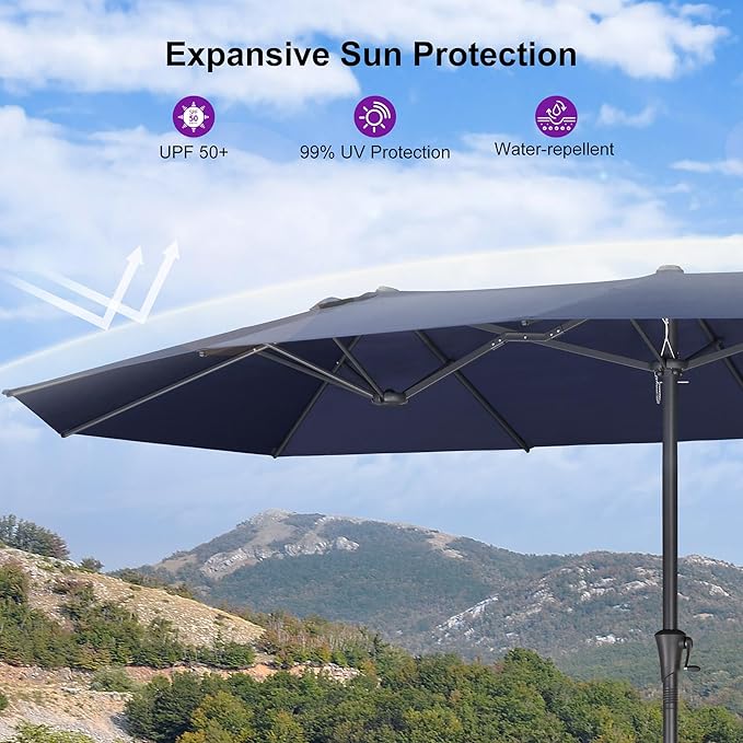 PURPLE LEAF 13ft Double-Sided Patio Umbrella with Base Included Market Rectangle Umbrella Outdoor Table Umbrella with Crank for Pool Garden Deck, Navy blue