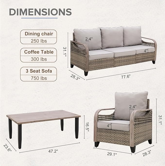 COOS BAY Modern Wicker Outdoor Furniture Set, 4 Piece Patio Conversation Set with 2 Patio Chairs, a 3 Seat Couch and Side Table, 4 Piece, Brown/Gray
