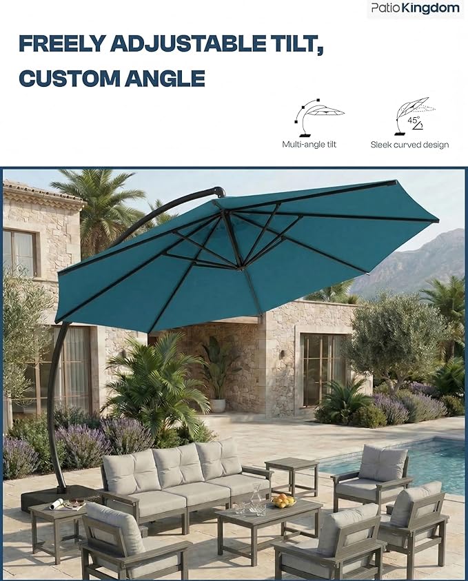 12 FT Cantilever Umbrella with Base Included, Large Round 360° Rotation Offset Umbrella Outdoor Patio, Heavy Duty Aluminum Frame, Sand-Weighted Stand, for Deck, Backyard, Pool, Garden (Lake Blue)