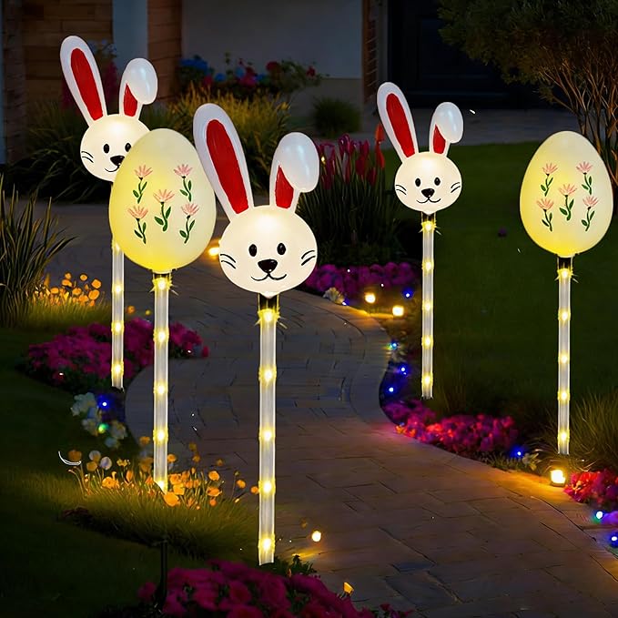 Solar Easter Pathway Lights - 5 Pack Bunny Egg Light Outdoor Solar Powered Path Lights with 8 Lighting Modes, Waterproof Garden Stake for Easter, Housewarming Gifts & Outdoor Decor