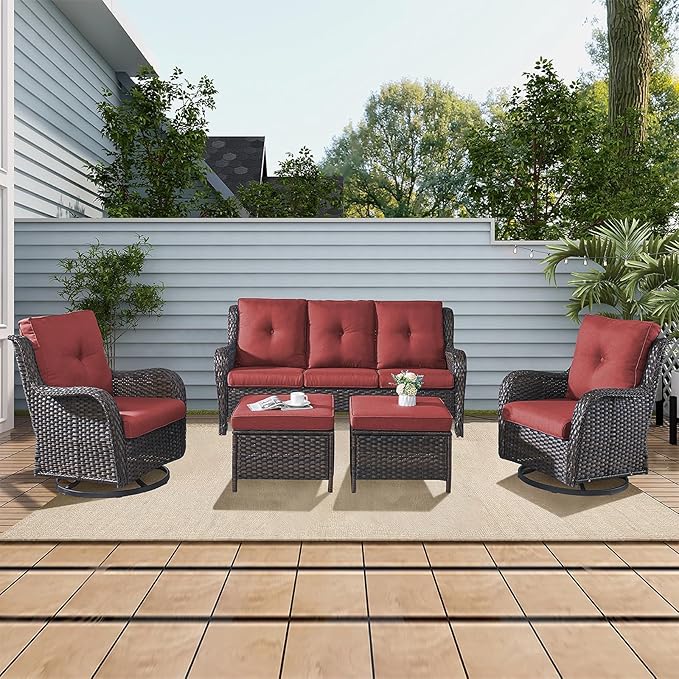 Rilyson Wicker Patio Furniture Set - 5 Piece Rattan Outdoor Sectional Conversation Sets with 2 Rocking Swivel Chairs,2 Ottomans and 1 Sofa for Porch Deck Garden(Brown/Red)