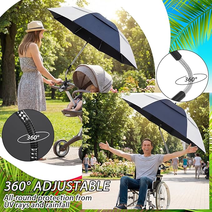Abbylike 2 Pack 48.6" Double Canopy Umbrella with Clamp UPF50+ Beach Chair Umbrella with Clip 360°adjustable Portable Outdoor Wheelchair Patio Golf Carts Camping