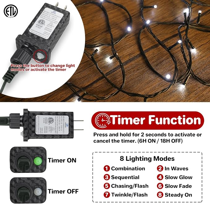 66ft 200 LED Christmas StringLights, End-to-End Plug 8 Modes Christmas Lights with Timer, OutdoorIndoor Fairy Lights Christmas Tree, Patio, Garden, Party, Wedding, Holiday, Cool White
